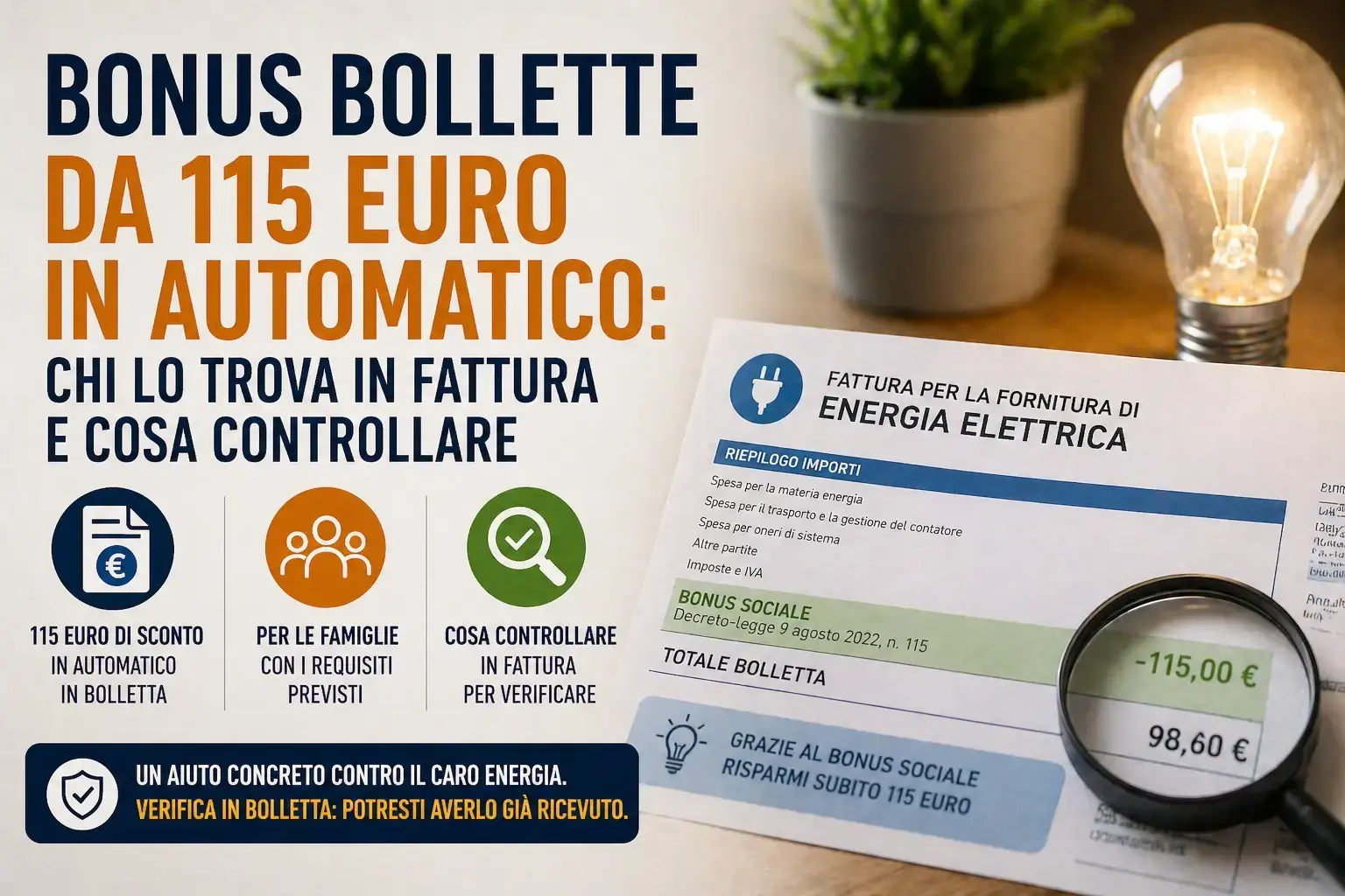 Bonus bollette 115 euro 2026: automatico, dove cercarlo